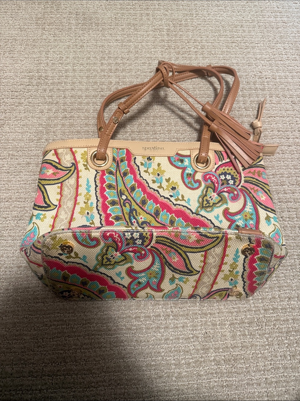 Spartina 449 Multicolor Paisley Canvas Tote with Tan Leather Handles